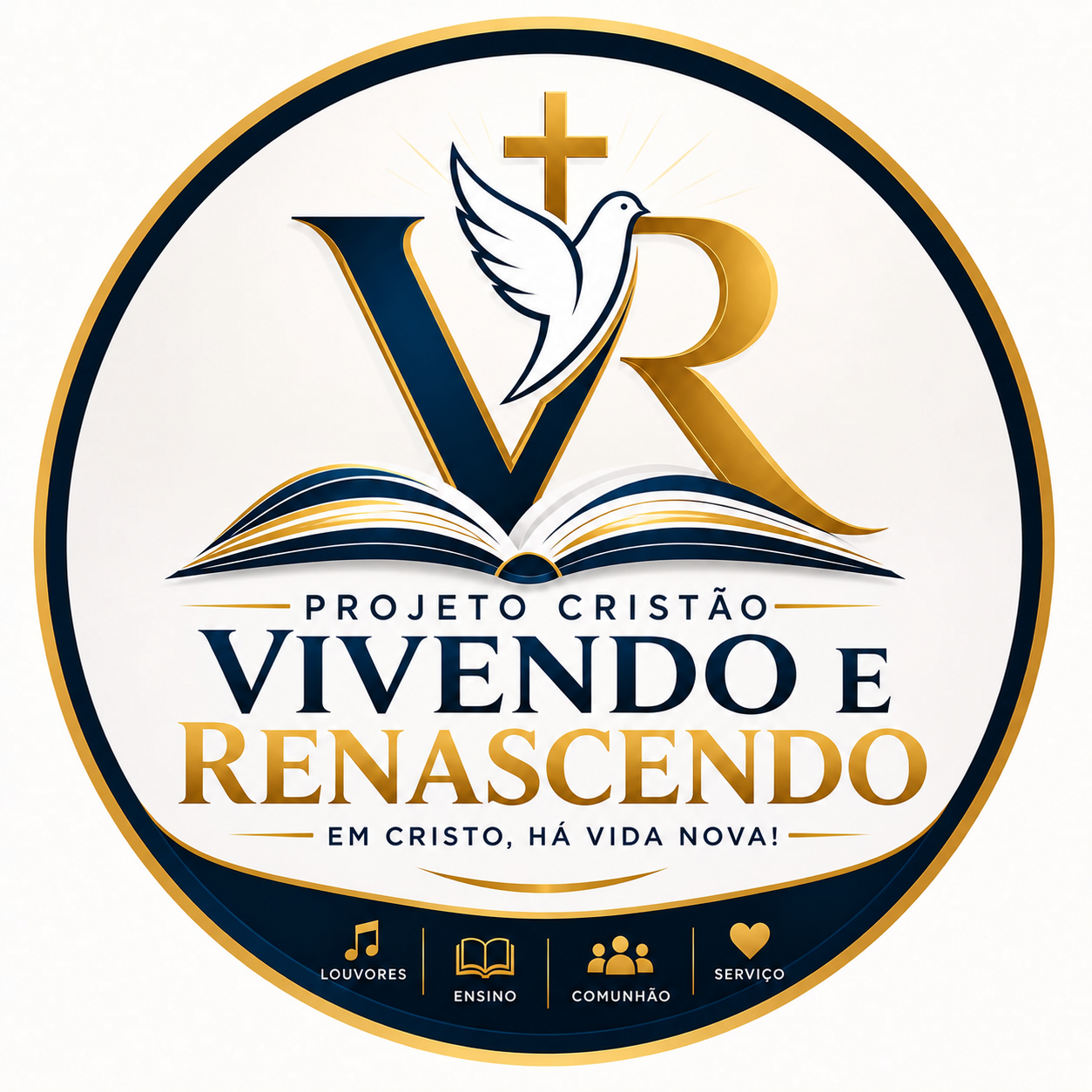 Logotipo do Projeto Vivendo e Renascendo: cruz, pomba e Bíblia em azul e dourado